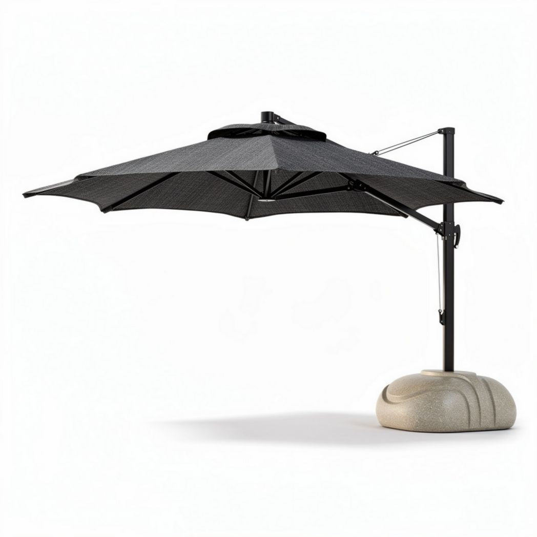 Zwarte parasol met verstelbare armen en betonvoet maat 250 x 250 x 250cm