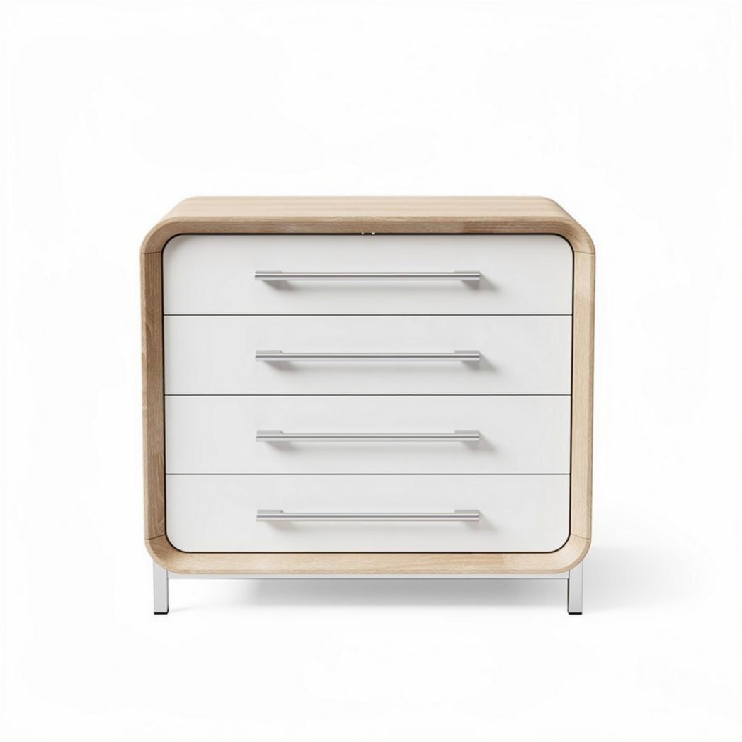 Ladenkast van hout en metaal met vier lades 60 x 40 x 45cm in wit en naturel