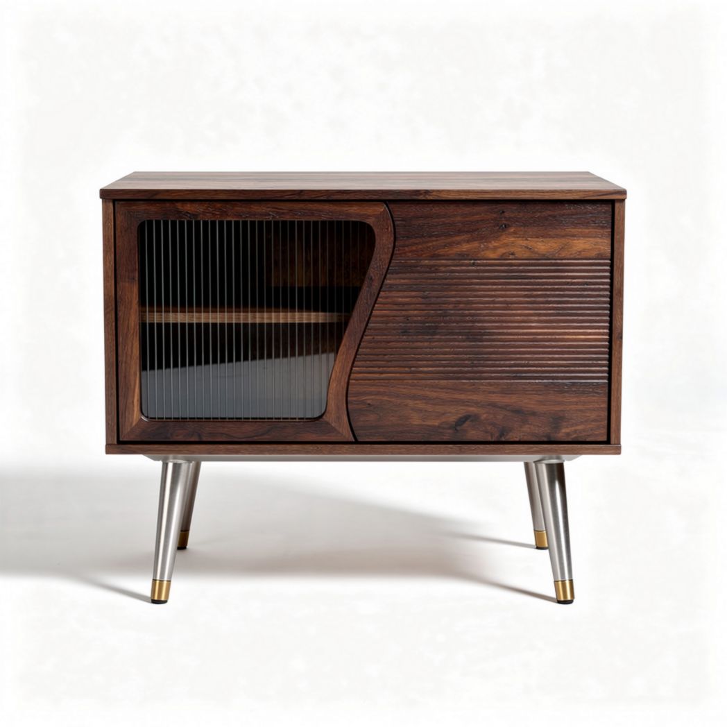 Houten dressoir met glazen deur en metalen poten 80 x 40 x 70cm