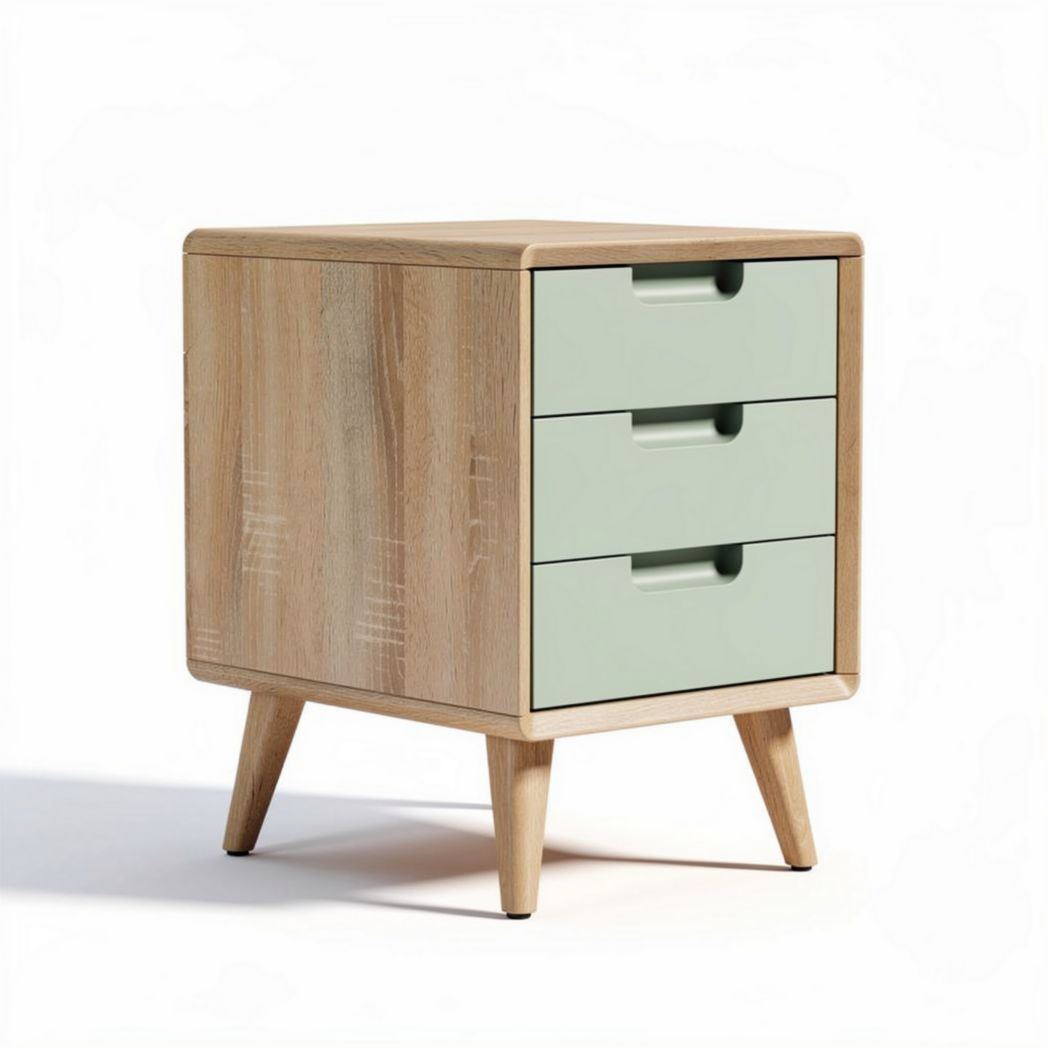 Houten nachtkastje met drie lades groen en natuurlijke afwerking 40 x 35 x 45cm