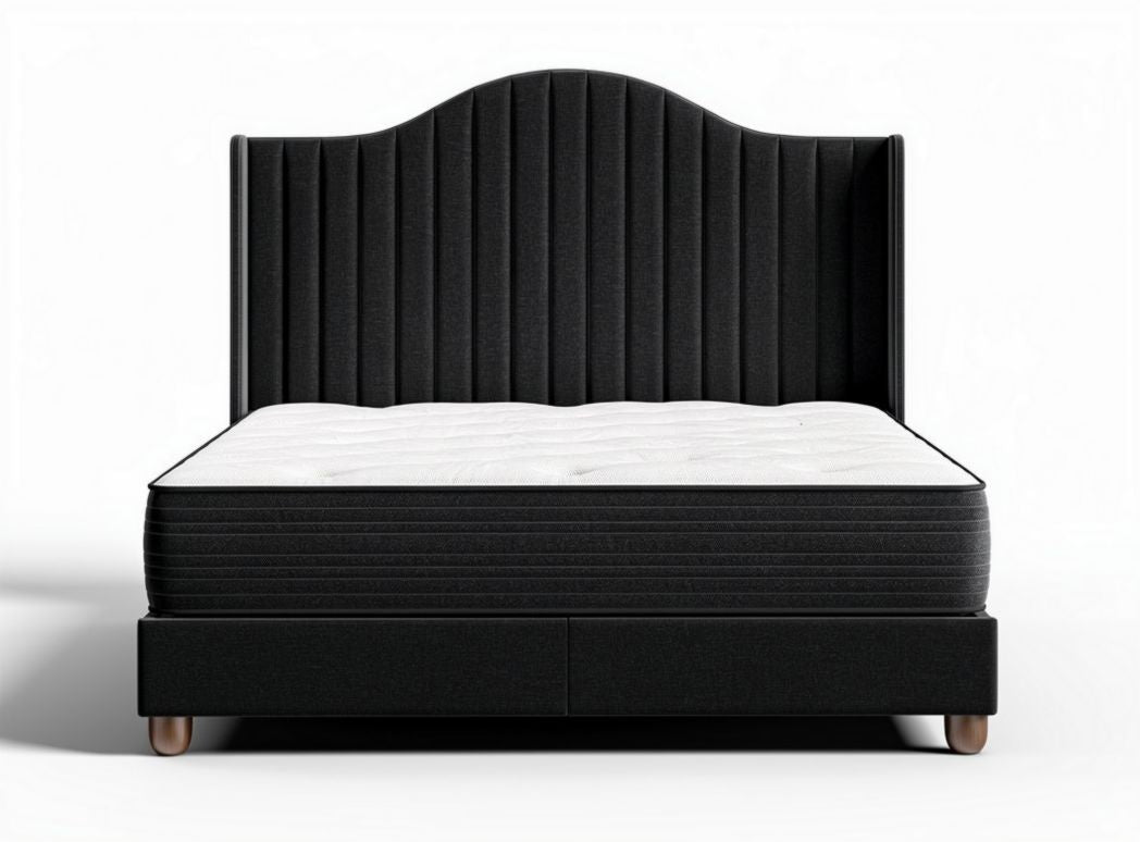 Bed 200 x 160 x 120 cm met zwart gestreept hoofdbord en opbergfunctie